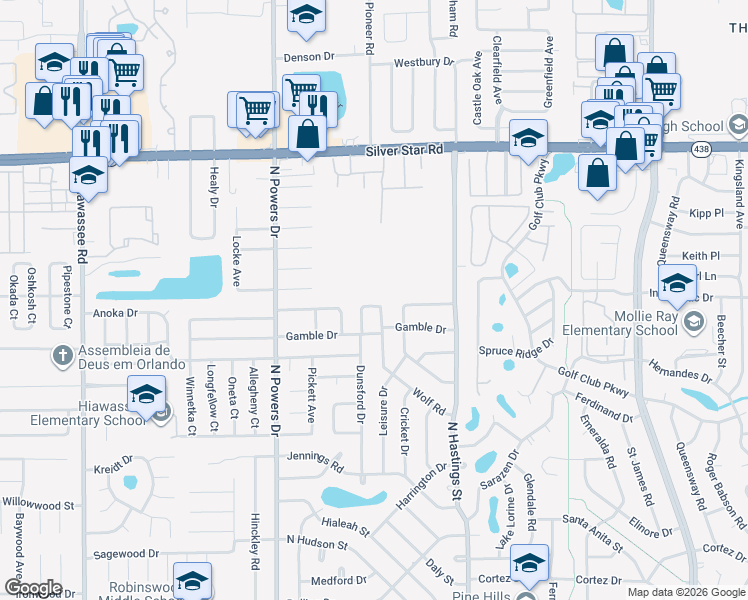 map of restaurants, bars, coffee shops, grocery stores, and more near 2251 Wolf Road in Orlando