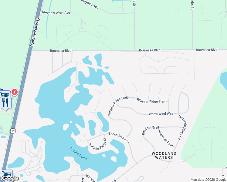 map of restaurants, bars, coffee shops, grocery stores, and more near 11033 Baywind Court in Spring Hill