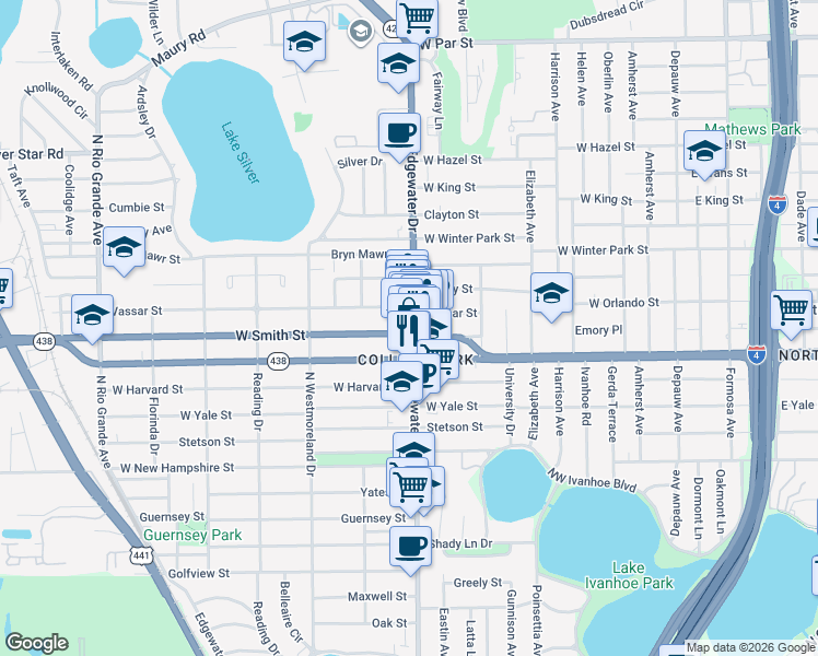 map of restaurants, bars, coffee shops, grocery stores, and more near 709 West Smith Street in Orlando