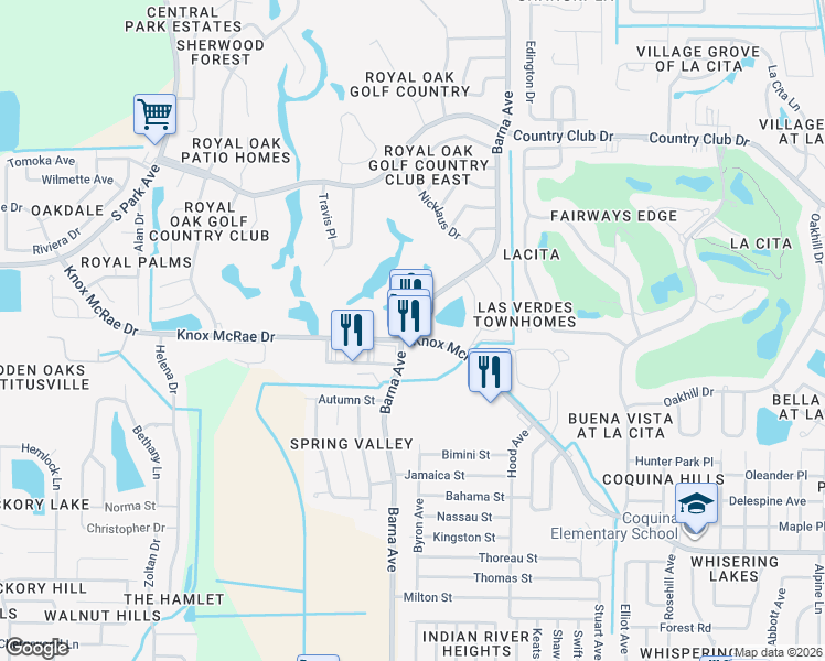 map of restaurants, bars, coffee shops, grocery stores, and more near Knox McRae Drive in Titusville