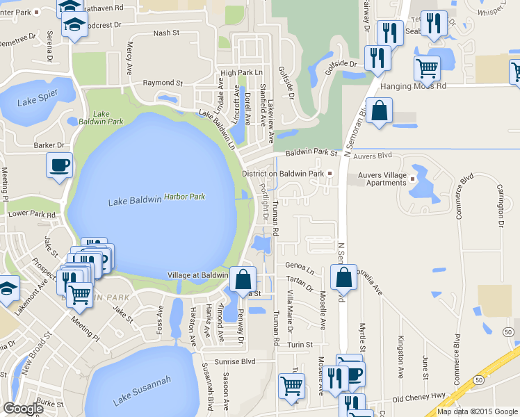 map of restaurants, bars, coffee shops, grocery stores, and more near 2127 Lake Baldwin Lane in Orlando