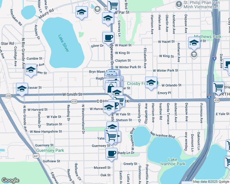 map of restaurants, bars, coffee shops, grocery stores, and more near 2305 Edgewater Drive in Orlando