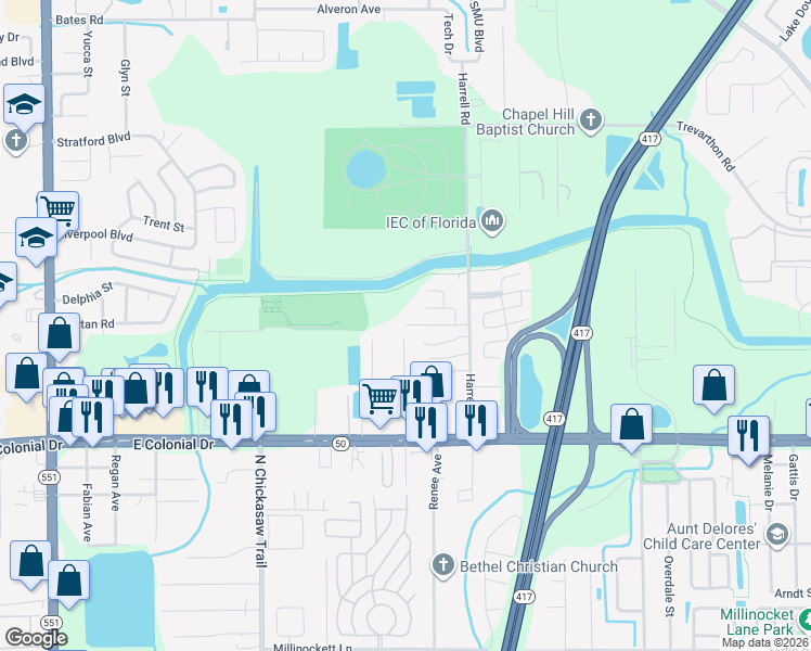 map of restaurants, bars, coffee shops, grocery stores, and more near 8520 Avonshire Road in Orlando