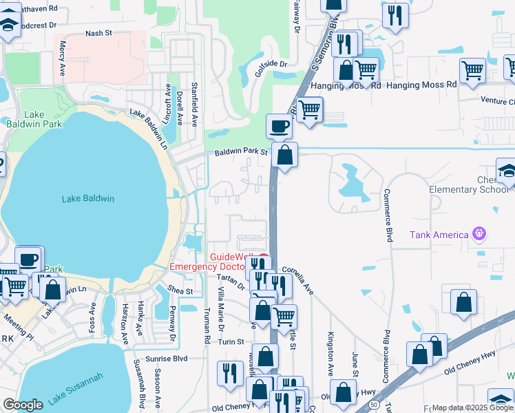 map of restaurants, bars, coffee shops, grocery stores, and more near 2000 North Semoran Boulevard in Orlando
