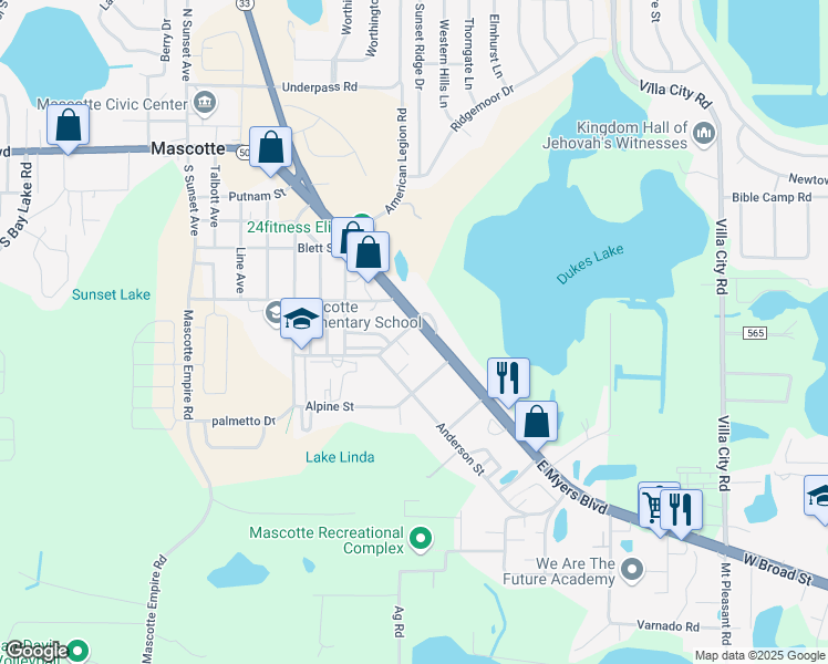 map of restaurants, bars, coffee shops, grocery stores, and more near 737 Albrook Street in Mascotte