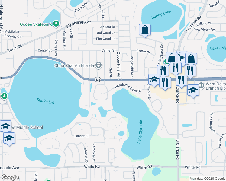 map of restaurants, bars, coffee shops, grocery stores, and more near 1071 Hawthorne Cove Drive in Ocoee