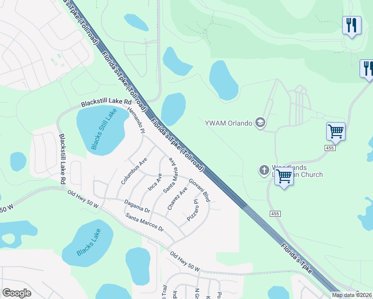 map of restaurants, bars, coffee shops, grocery stores, and more near Florida's Turnpike in Montverde