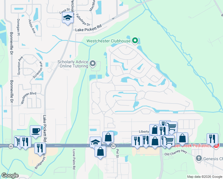 map of restaurants, bars, coffee shops, grocery stores, and more near 14200-14302 Augusta Road in Orlando