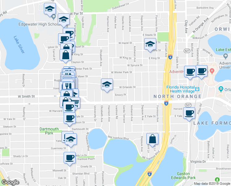 map of restaurants, bars, coffee shops, grocery stores, and more near 232 Emory Place in Orlando