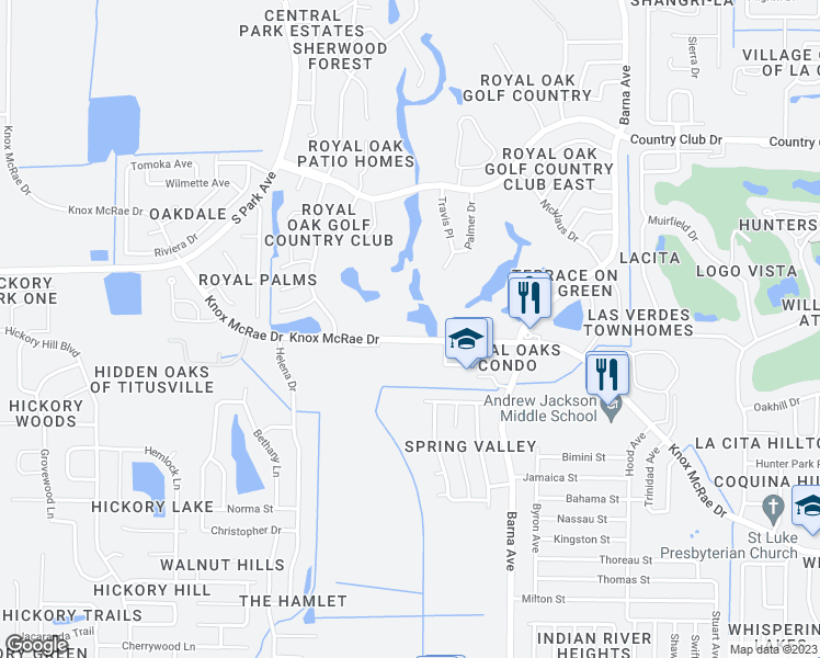 map of restaurants, bars, coffee shops, grocery stores, and more near 2170 Knox McRae Drive in Titusville