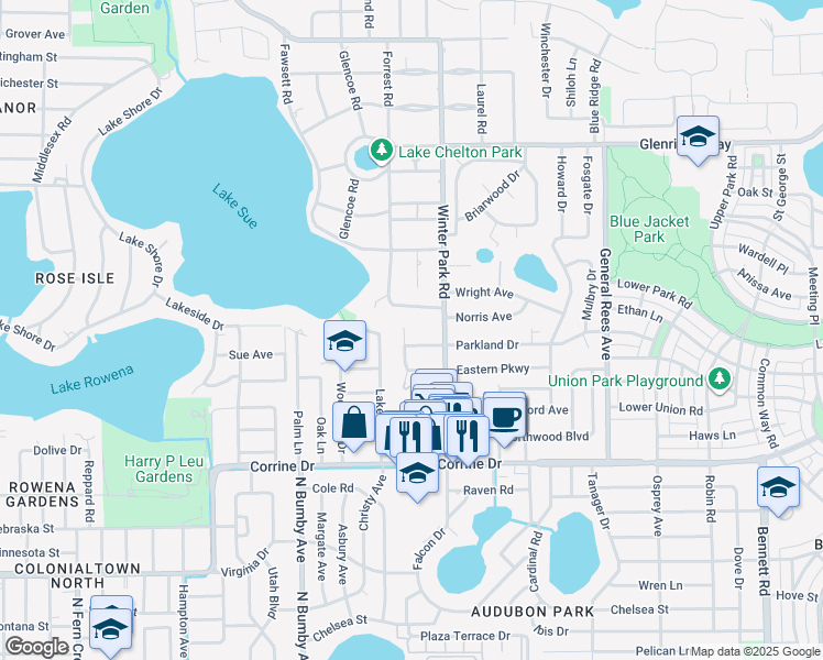 map of restaurants, bars, coffee shops, grocery stores, and more near 2300 Janice Avenue in Winter Park
