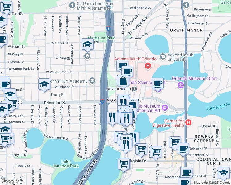 map of restaurants, bars, coffee shops, grocery stores, and more near 2322 Dade Avenue in Orlando