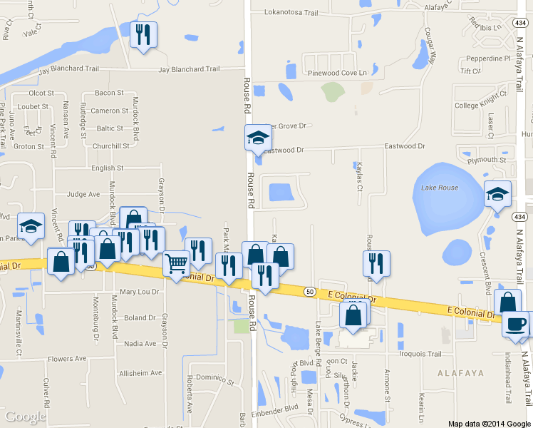 map of restaurants, bars, coffee shops, grocery stores, and more near 1943 Rouse Road in Orlando