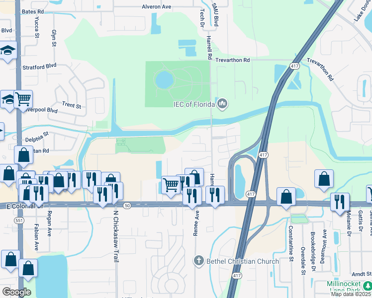 map of restaurants, bars, coffee shops, grocery stores, and more near 8520 Avonshire Road in Orlando