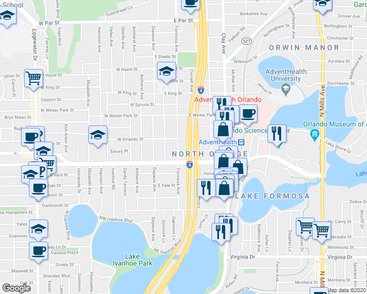 map of restaurants, bars, coffee shops, grocery stores, and more near 114 East Smith Street in Orlando