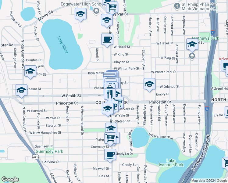 map of restaurants, bars, coffee shops, grocery stores, and more near 2305 Edgewater Drive in Orlando
