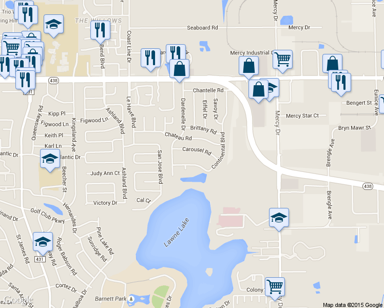 map of restaurants, bars, coffee shops, grocery stores, and more near 4313 Continental Boulevard in Orlando