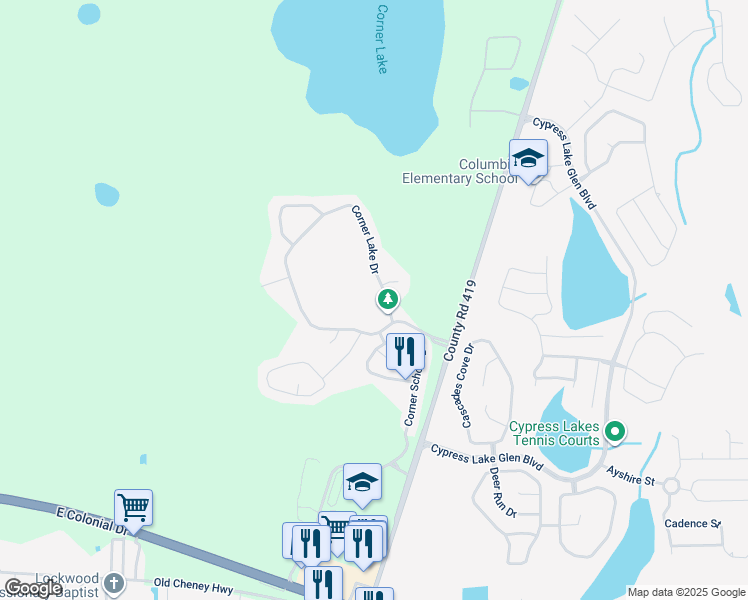 map of restaurants, bars, coffee shops, grocery stores, and more near 16025 Corner Lake Drive in Orlando