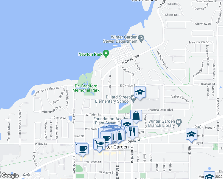 map of restaurants, bars, coffee shops, grocery stores, and more near 441 North Boyd Street in Winter Garden