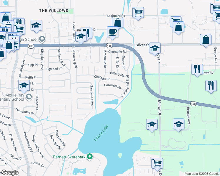 map of restaurants, bars, coffee shops, grocery stores, and more near 4313 Continental Boulevard in Orlando