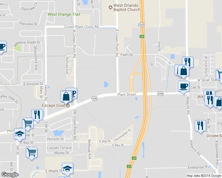 map of restaurants, bars, coffee shops, grocery stores, and more near 1305 East Plant Street in Winter Garden