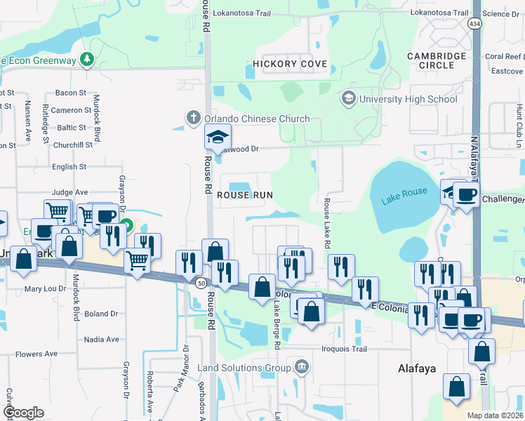 map of restaurants, bars, coffee shops, grocery stores, and more near 11191 East Colonial Drive in Orlando