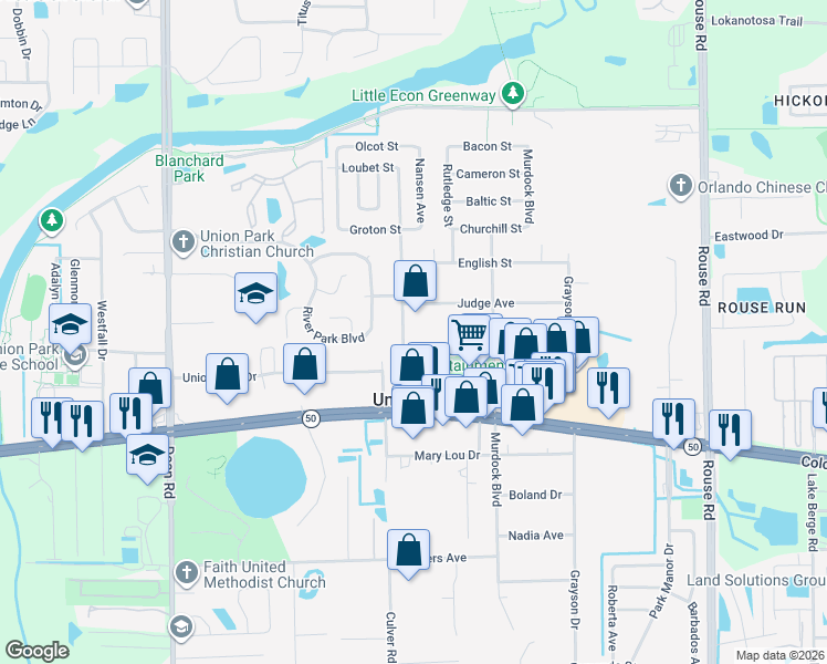 map of restaurants, bars, coffee shops, grocery stores, and more near 11400 Sawyer Street in Orlando
