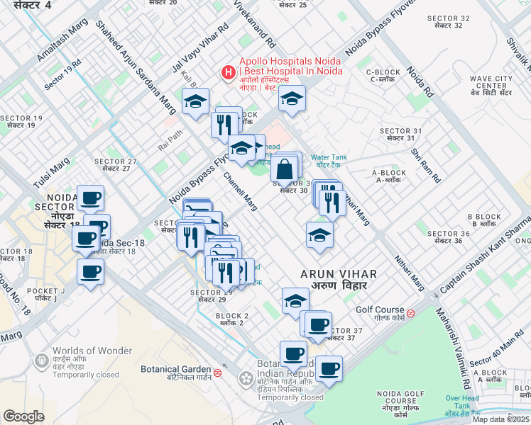 map of restaurants, bars, coffee shops, grocery stores, and more near Chameli Marg in Noida