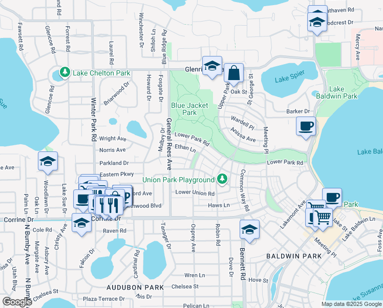 map of restaurants, bars, coffee shops, grocery stores, and more near 2245 Osprey Avenue in Orlando