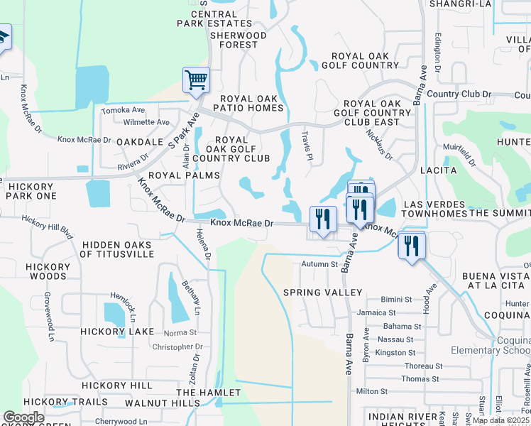 map of restaurants, bars, coffee shops, grocery stores, and more near 2180 Knox McRae Drive in Titusville