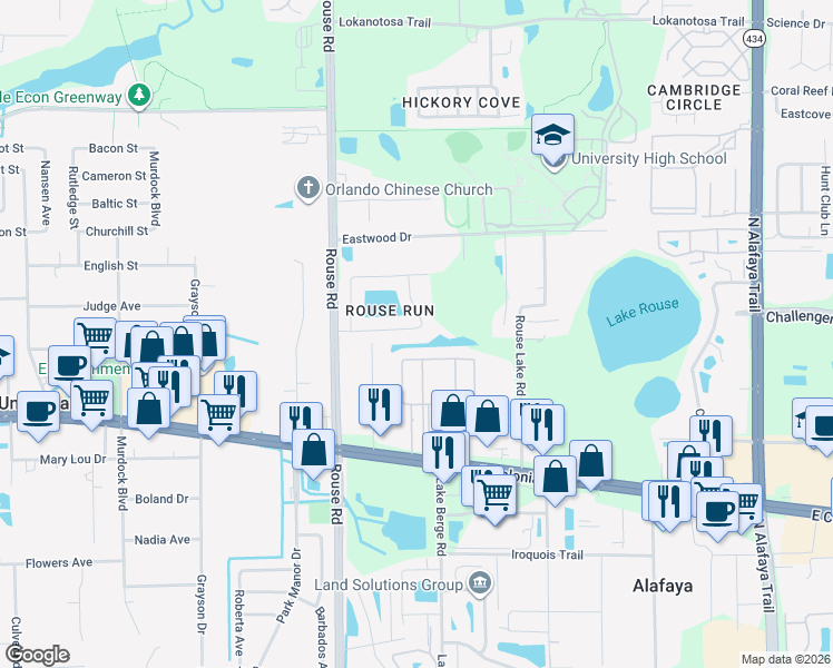 map of restaurants, bars, coffee shops, grocery stores, and more near 11191 East Colonial Drive in Orlando