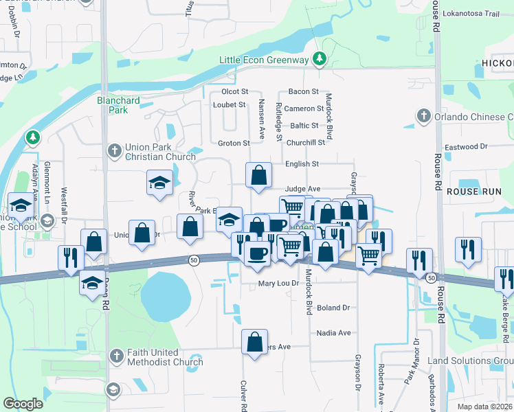 map of restaurants, bars, coffee shops, grocery stores, and more near 11400 Sawyer Street in Orlando