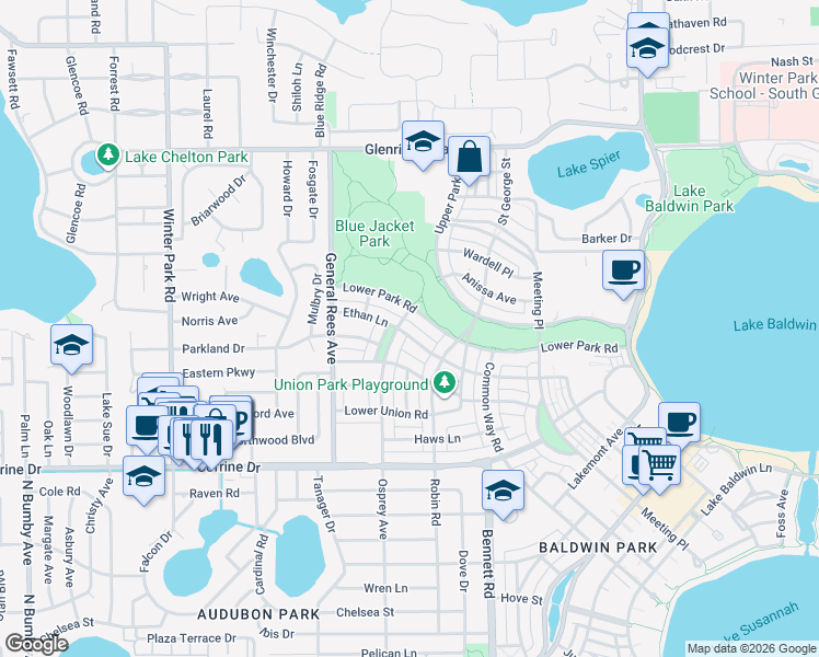 map of restaurants, bars, coffee shops, grocery stores, and more near 2245 Osprey Avenue in Orlando