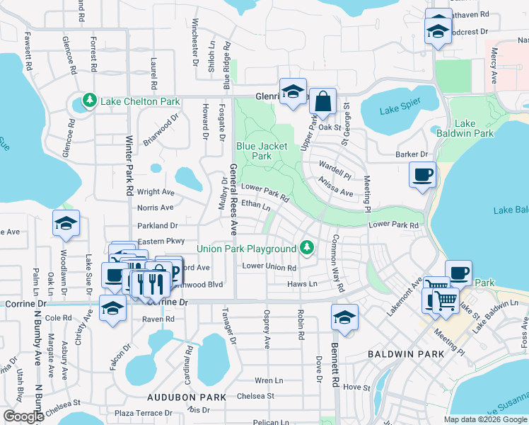 map of restaurants, bars, coffee shops, grocery stores, and more near 2245 Osprey Avenue in Orlando