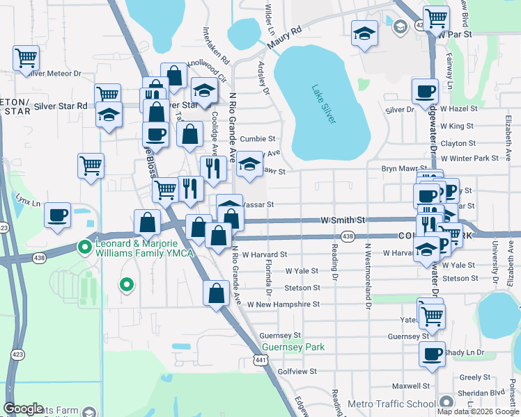map of restaurants, bars, coffee shops, grocery stores, and more near 1415 West Smith Street in Orlando