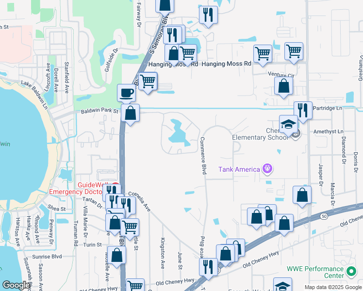 map of restaurants, bars, coffee shops, grocery stores, and more near 5872 Auvers Boulevard in Orlando
