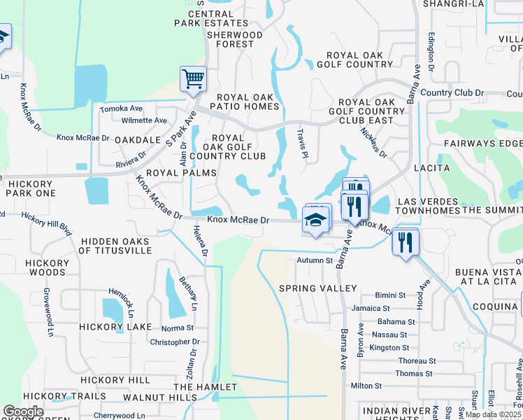 map of restaurants, bars, coffee shops, grocery stores, and more near 2192 Knox McRae Drive in Titusville