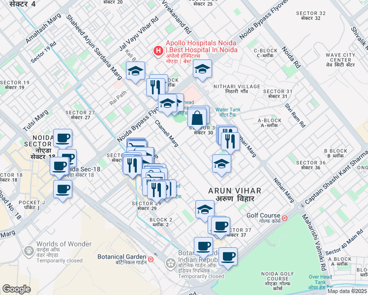 map of restaurants, bars, coffee shops, grocery stores, and more near Chameli Marg in Noida