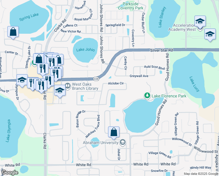 map of restaurants, bars, coffee shops, grocery stores, and more near 2549 Alclobe Circle in Ocoee