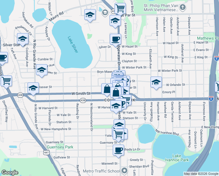 map of restaurants, bars, coffee shops, grocery stores, and more near 816 West Smith Street in Orlando