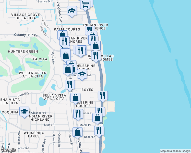 map of restaurants, bars, coffee shops, grocery stores, and more near 105 Pinedo Drive in Titusville