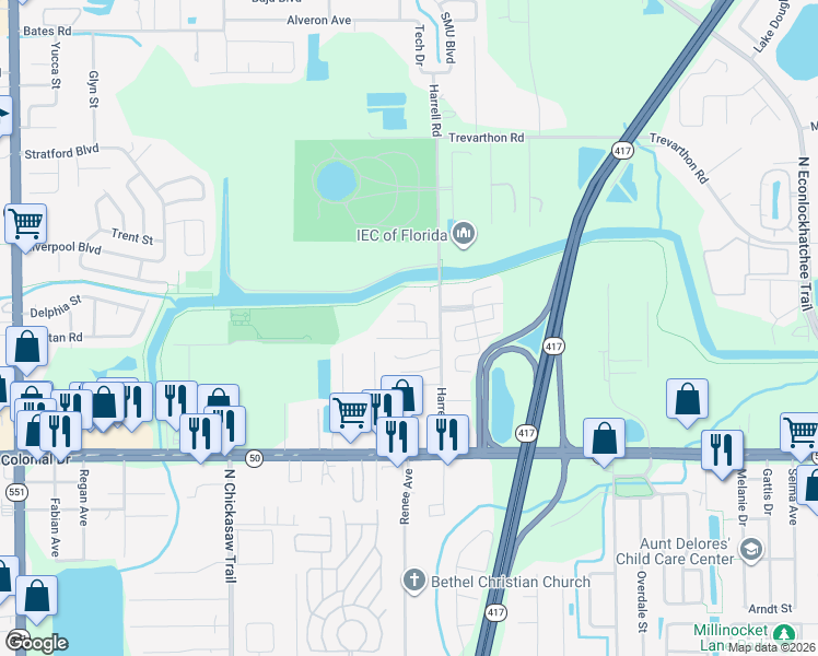 map of restaurants, bars, coffee shops, grocery stores, and more near 8520 Avonshire Road in Orlando