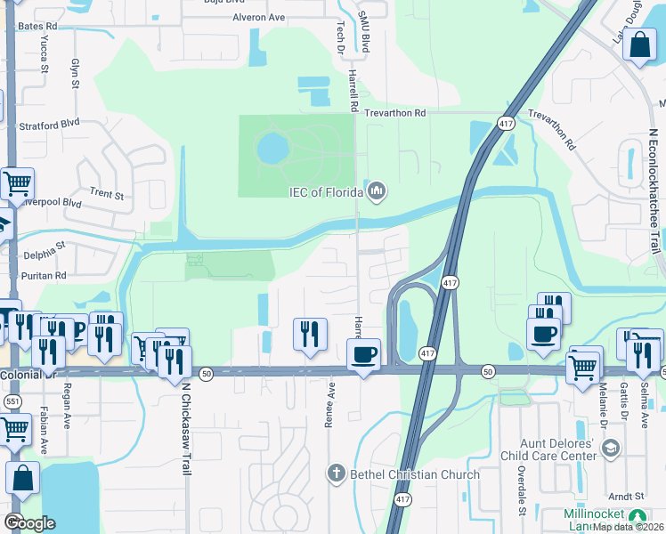 map of restaurants, bars, coffee shops, grocery stores, and more near 8622 Avonshire Road in Orlando