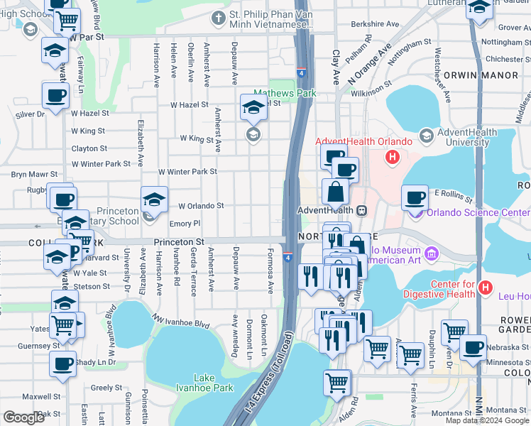 map of restaurants, bars, coffee shops, grocery stores, and more near 2312 Formosa Avenue in Orlando