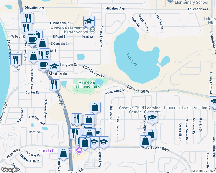 map of restaurants, bars, coffee shops, grocery stores, and more near 821 Park Trail Drive in Minneola