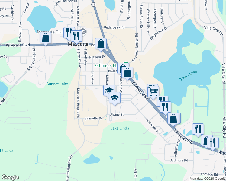 map of restaurants, bars, coffee shops, grocery stores, and more near 423 4 Seasons Avenue in Mascotte