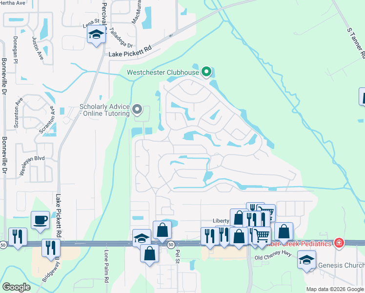 map of restaurants, bars, coffee shops, grocery stores, and more near 14200-14398 Wingfoot Road in Orlando