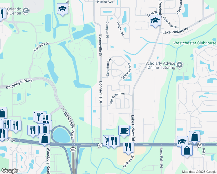 map of restaurants, bars, coffee shops, grocery stores, and more near 2009 Alcorn Court in Orlando