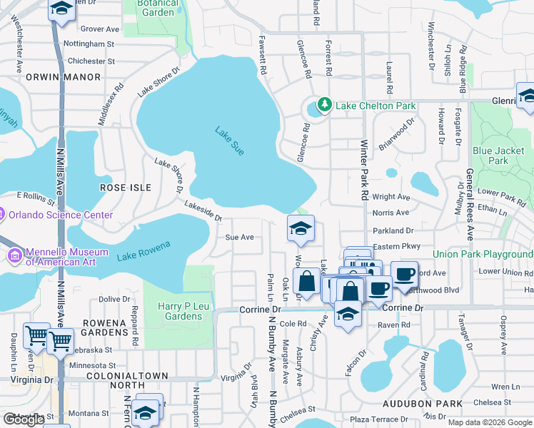 map of restaurants, bars, coffee shops, grocery stores, and more near 2233 Lakeside Drive in Orlando