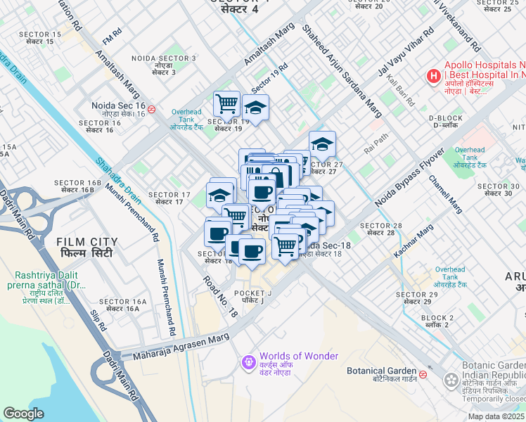 map of restaurants, bars, coffee shops, grocery stores, and more near 22 Captain Vijyant Thapar Marg in Noida